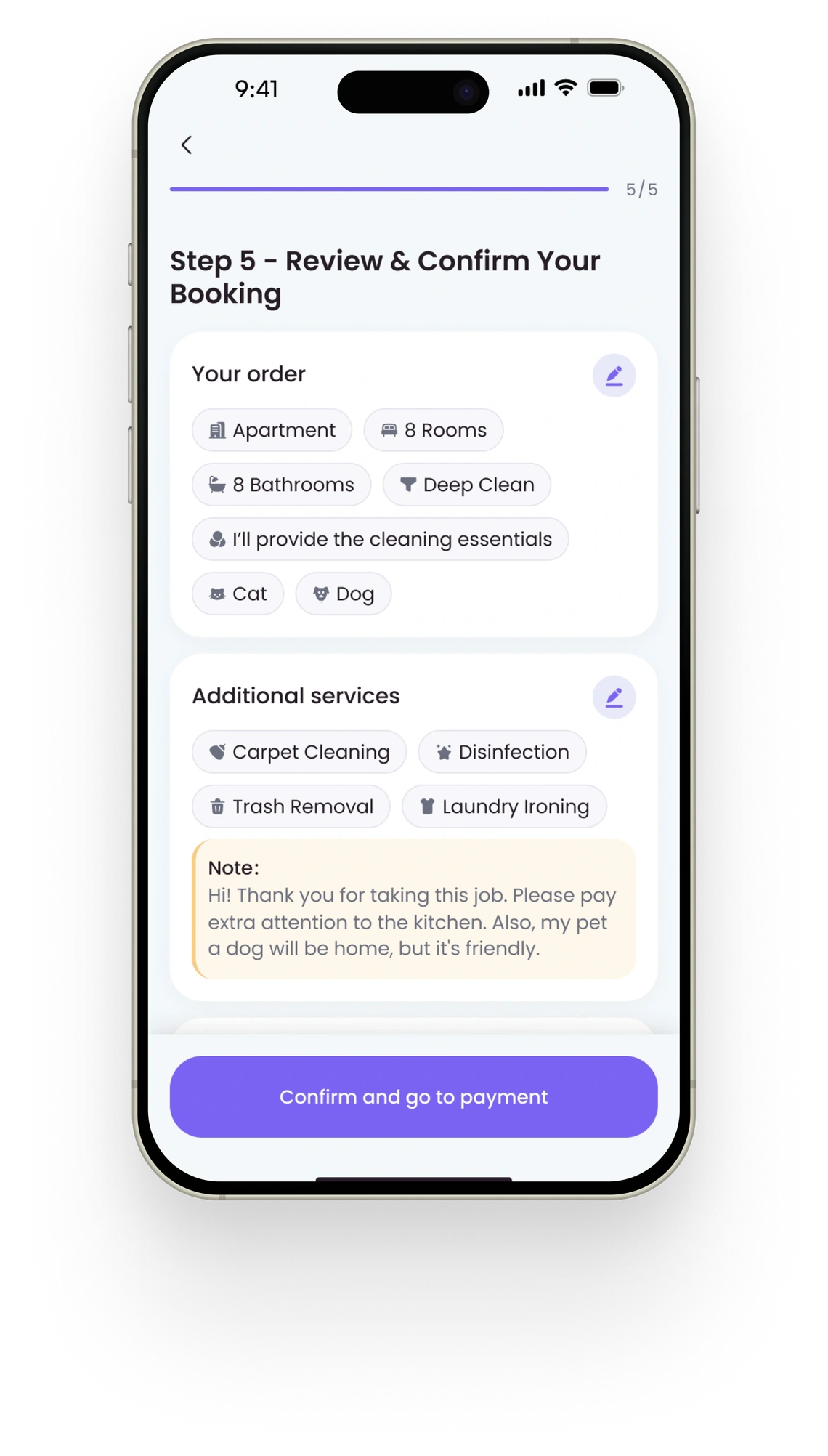 Cleany app booking screen