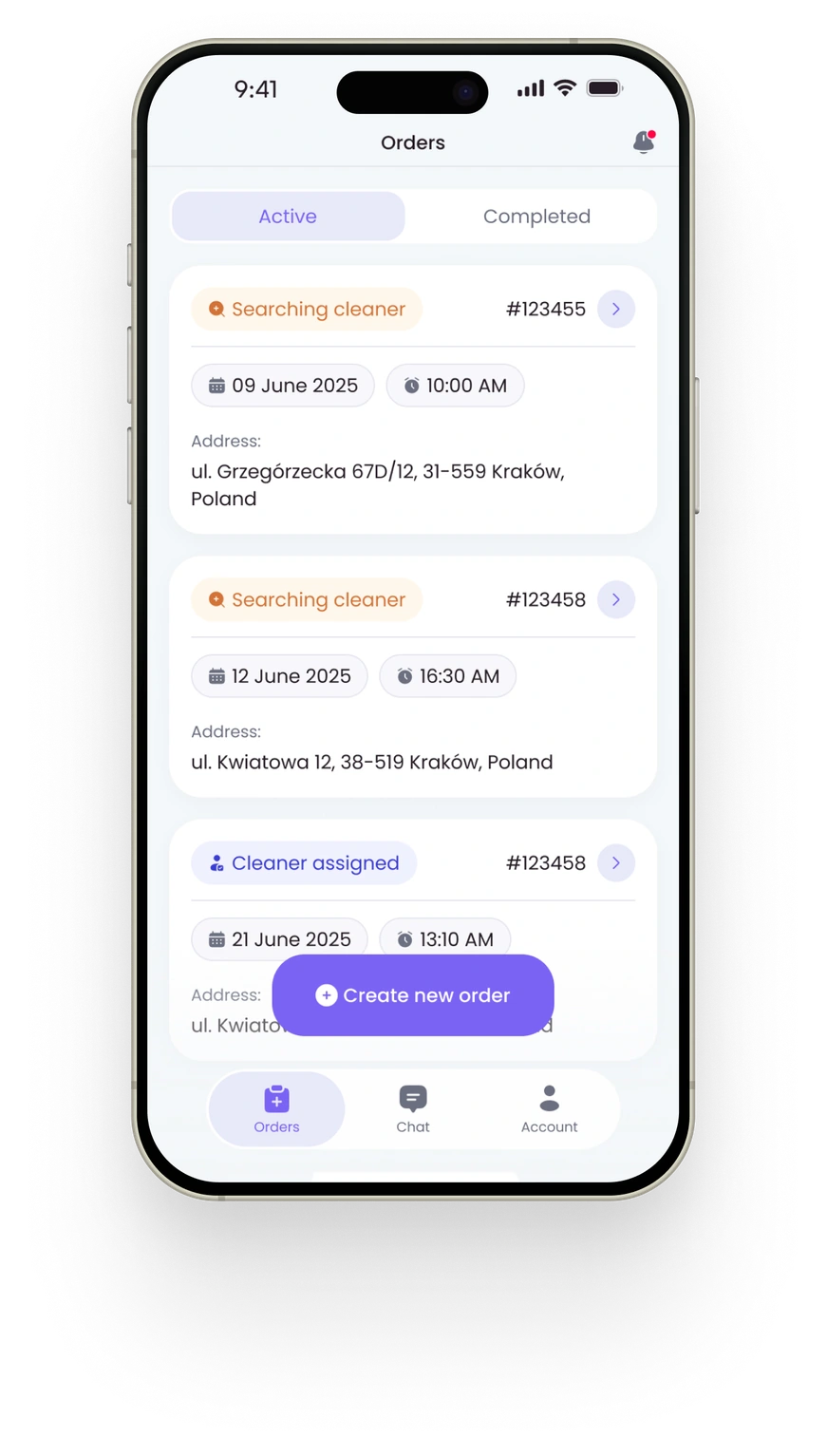 Cleany app orders screen