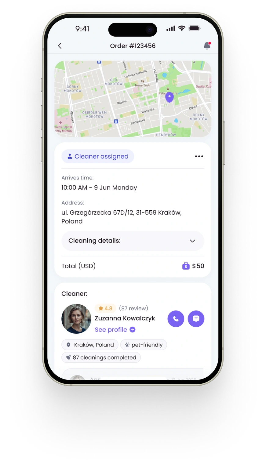 Cleany app order details screen